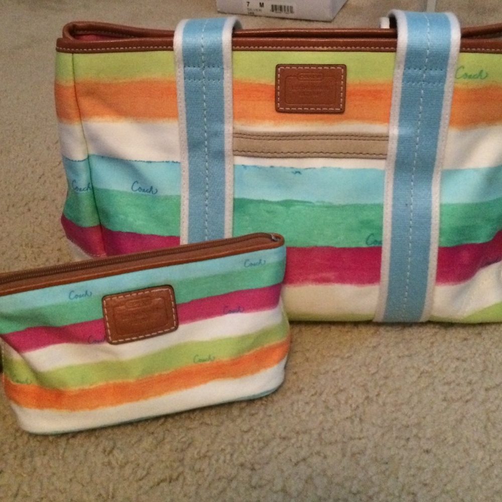 Coach Multicolor Striped Canvas Tote with Make-Up Bag Rainbow Stripe